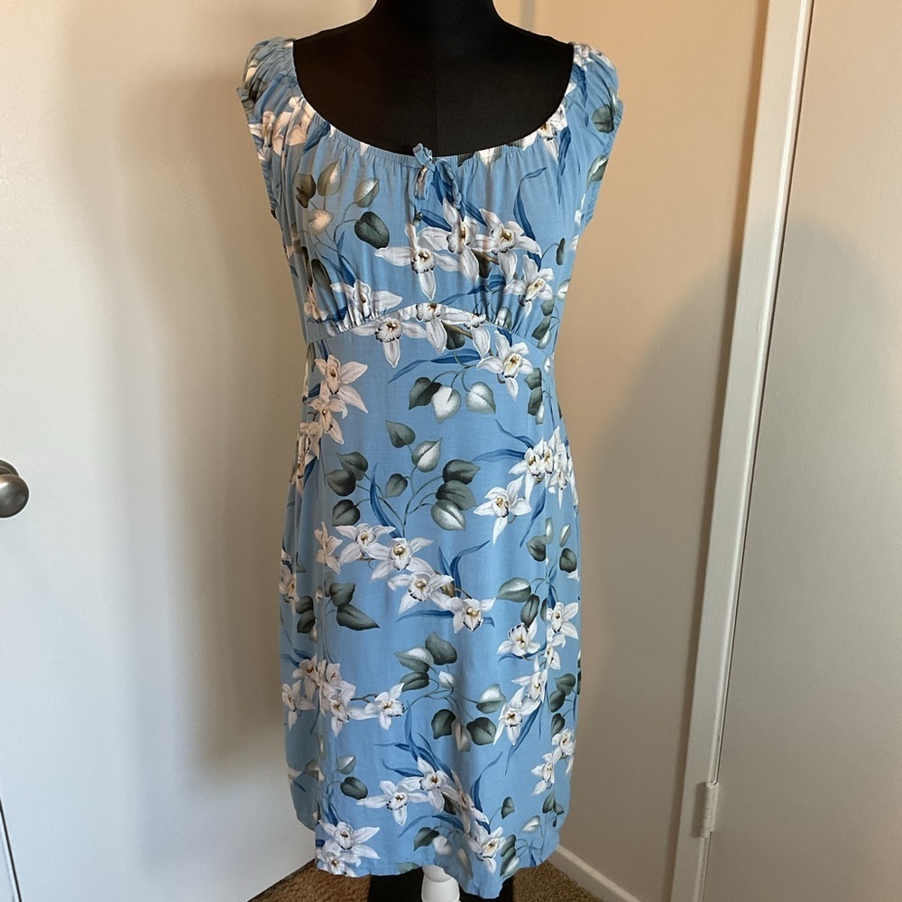 Hilo Hattie Blue Floral Sheath Midi Dress Size Small Wedding Cocktail
